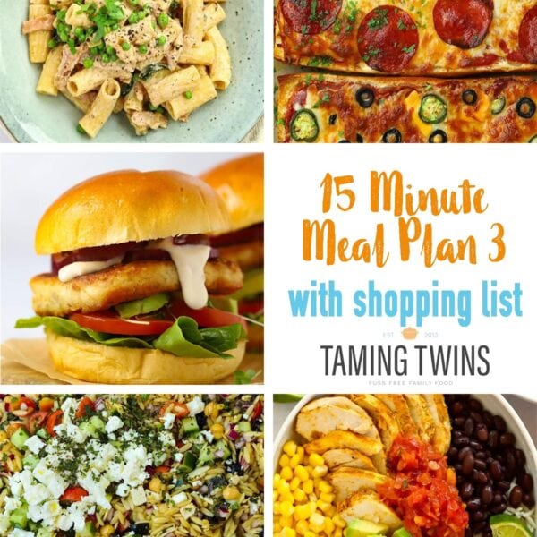 A poster to illustrate the third 15 minute meal plan from Taming Twins' summer series.