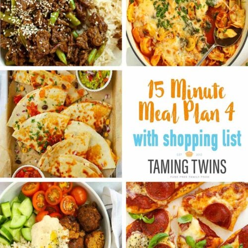 A poster for the Taming Twins 15 minute meals summer meal plan series, week 4.