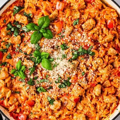 Tomatoey sausage orzo pasta one pot dish.