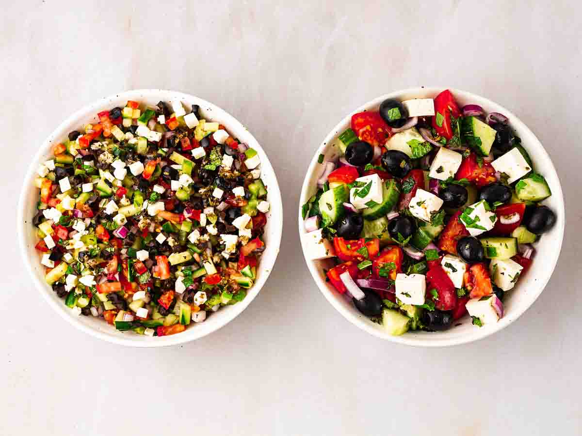 Two bowls of Greek Salad side by side. One chopped into tiny diced pieces, and the other in more traditional chunks.