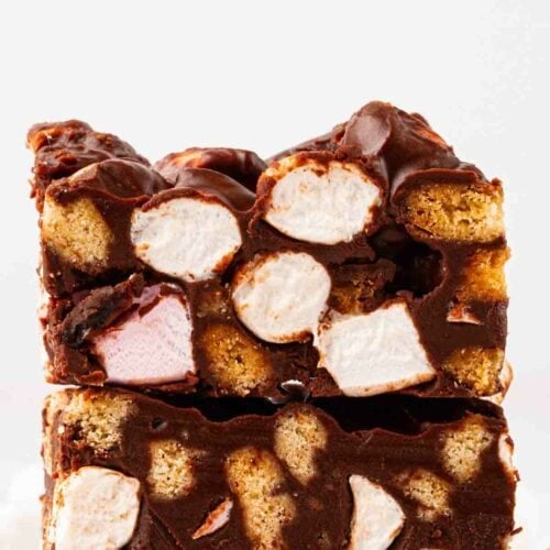 Rocky Road from a side angle, one piece on top of the other, with a white background.