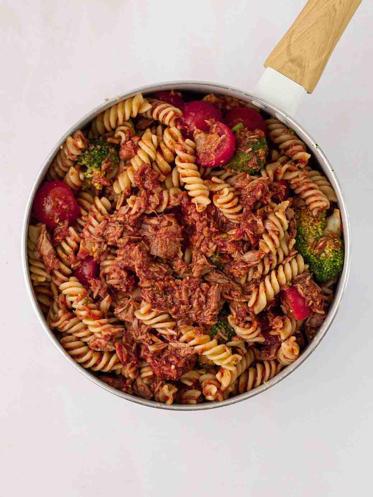 A pan filled with Tuna Pasta ingredients, ready to go in the oven for a Tuna Pasta Bake.