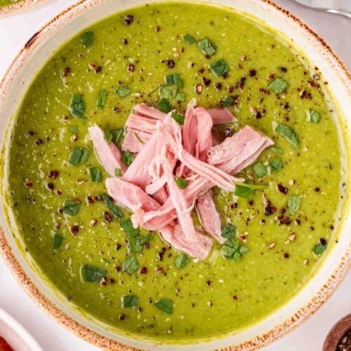 Green Pea and Ham Soup in a bowl.