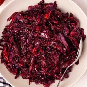 A close up of braised red cabbage on a plate.