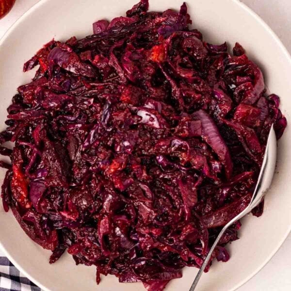A close up of braised red cabbage on a plate.