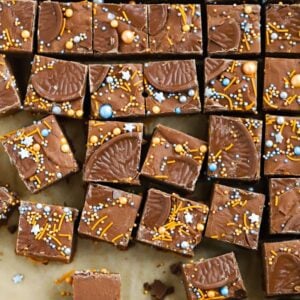 Chocolate squares of Chocolate Orange Fudge, ready to eat.
