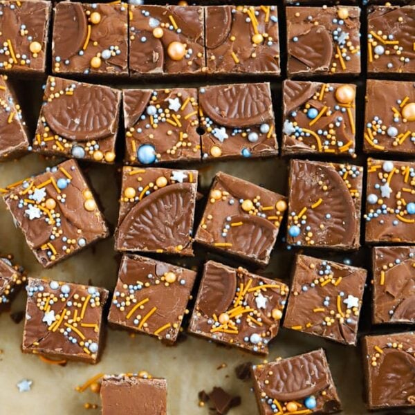 Chocolate squares of Chocolate Orange Fudge, ready to eat.
