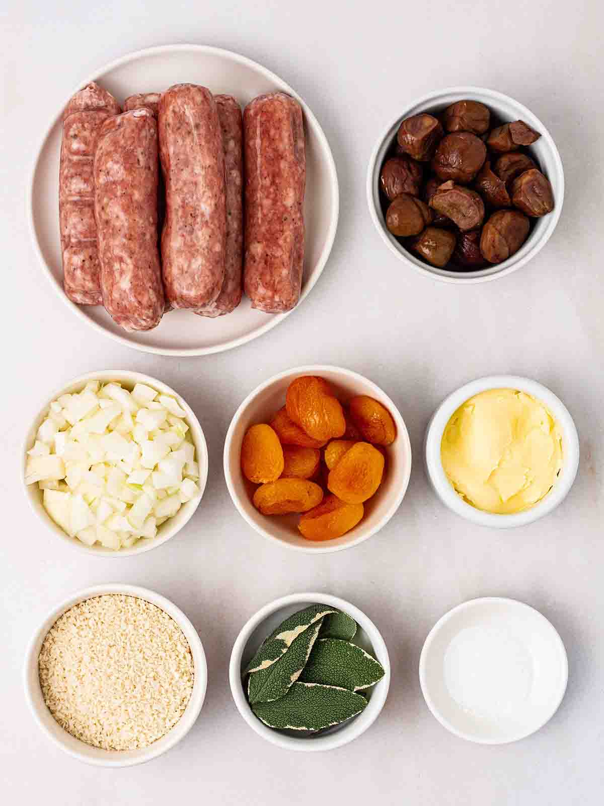 The ingredients for making Stuffing laid out on a counter top.