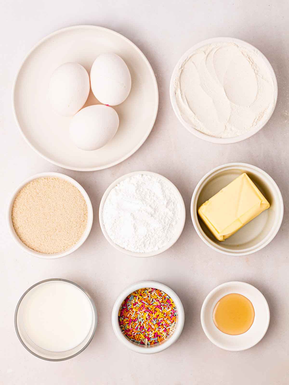 The ingredients for making School Cake laid out on a table.