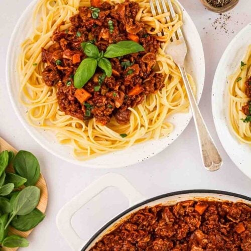 A plate of spaghetti bolognese with a large pan to the side to serve.