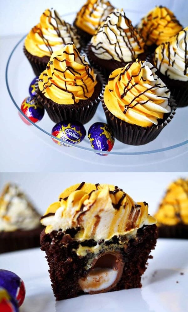 Two halves of a picture, the top being Creme Egg Cupcakes on a plate. The below one being a Creme Egg Cupcake split in half to revel a Creme Egg inside.