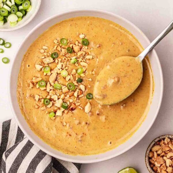 A white bowl filled with satay sauce made from scratch, with a silver spoon to serve and spring onions around the edge to garnish.