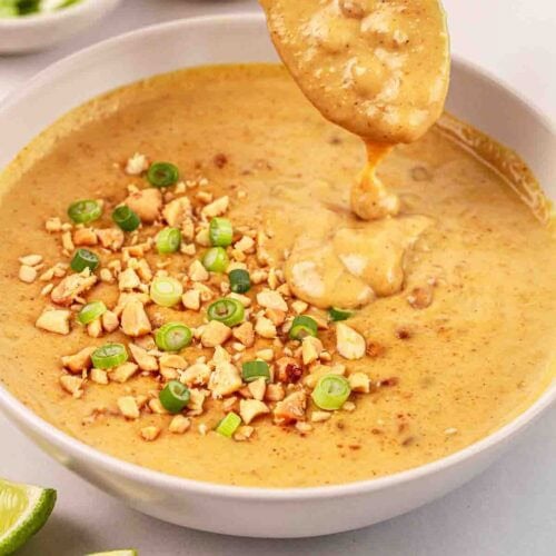A simple Satay Sauce in a bowl with a spoon, garnished with spring onions and peanuts.