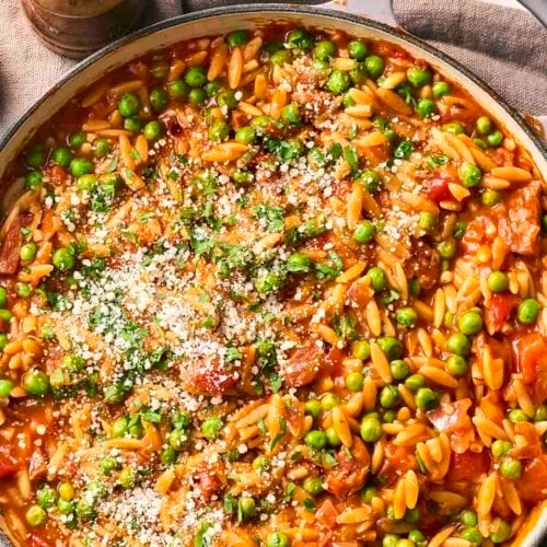 A pan of Chorizo Orzo pasta.