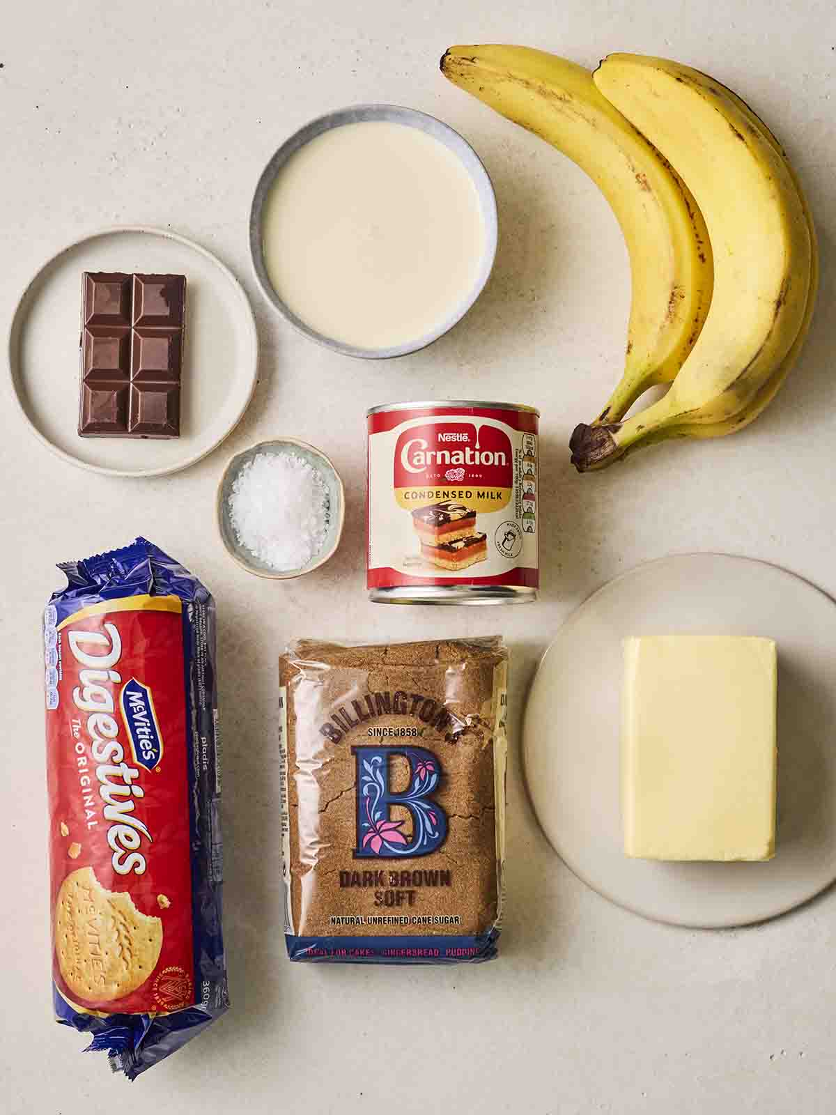 The ingredients for Banoffee Pie laid out on a counter top.