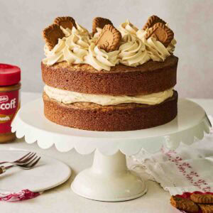 A simple Biscoff Cake with Biscoff icing on a cake stand, decorated with Biscoff biscuits.