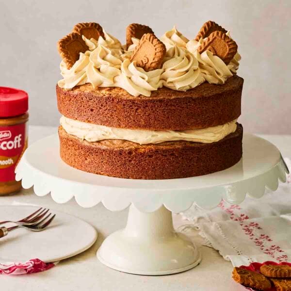 A simple Biscoff Cake with Biscoff icing on a cake stand, decorated with Biscoff biscuits.