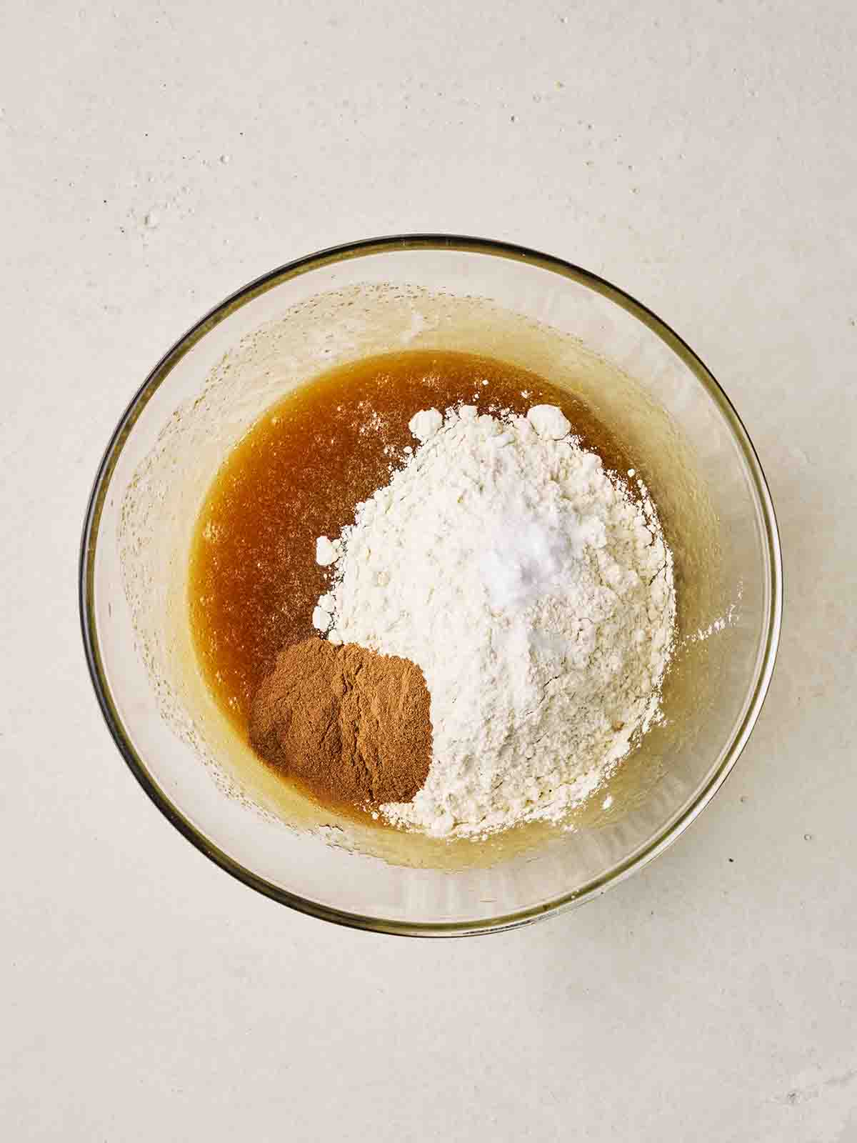 Carrot Cake mixture, with flour ready to be stirred in.
