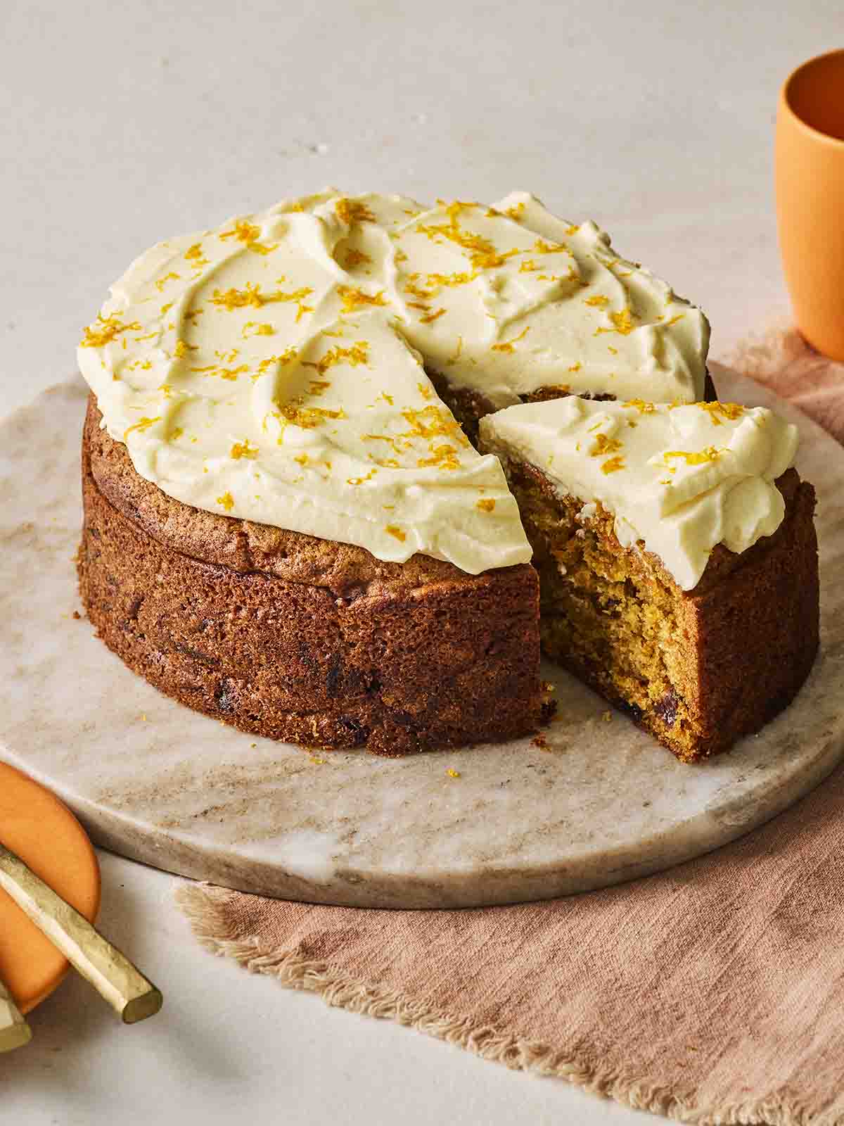 A carrot cake, ready to serve.