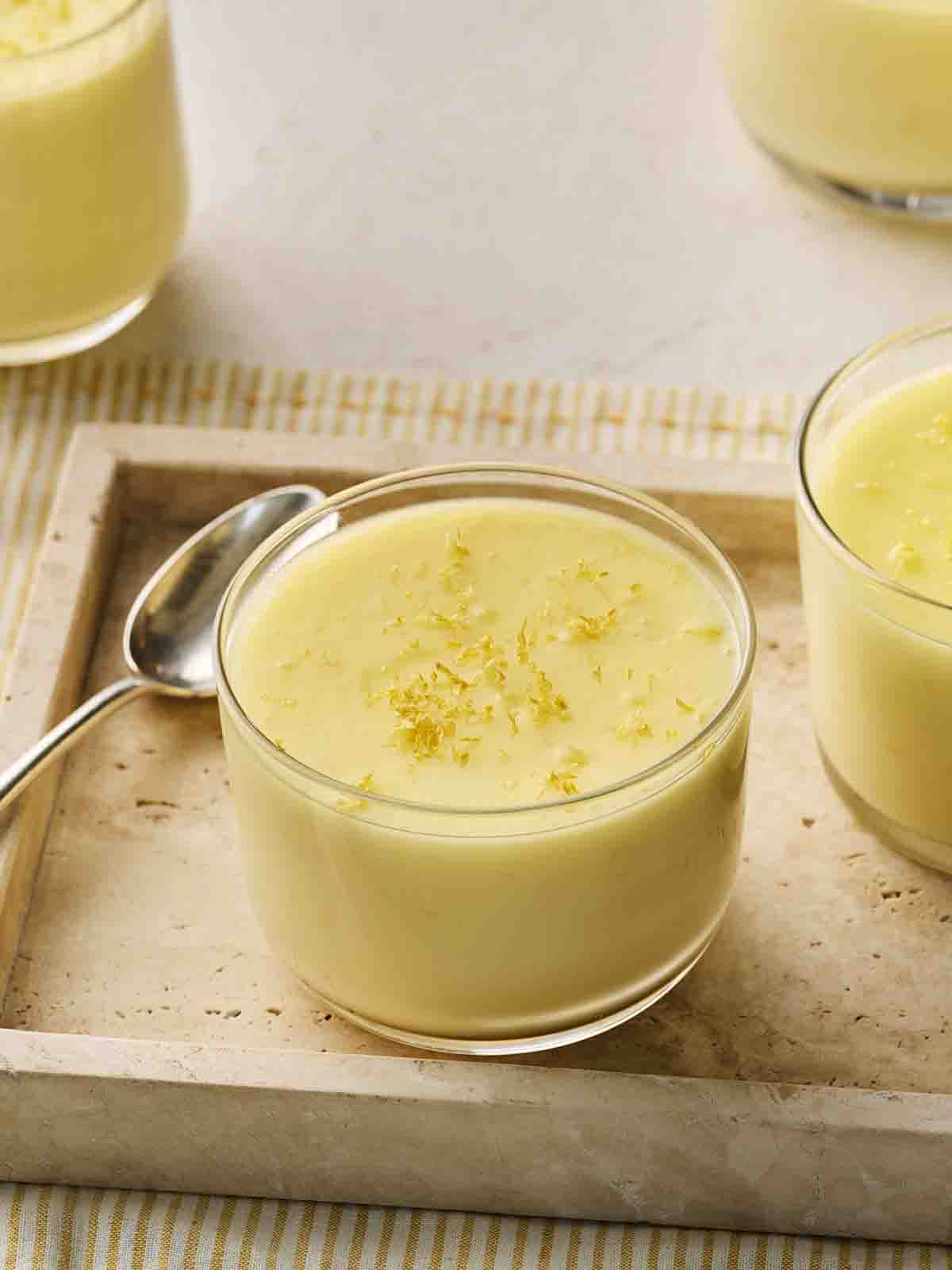Lemon Posset desserts on a table, ready to eat.