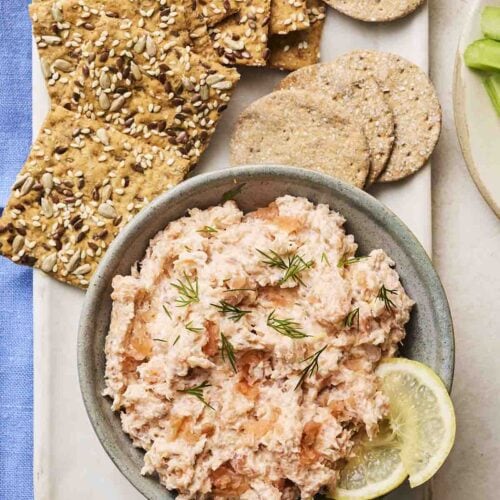 A platter of Smoked Salmon Pate and crackers.