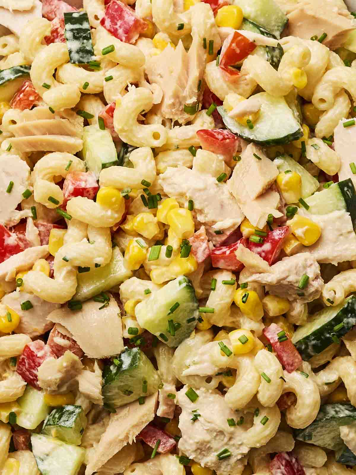 A close up of Tuna Pasta Salad.