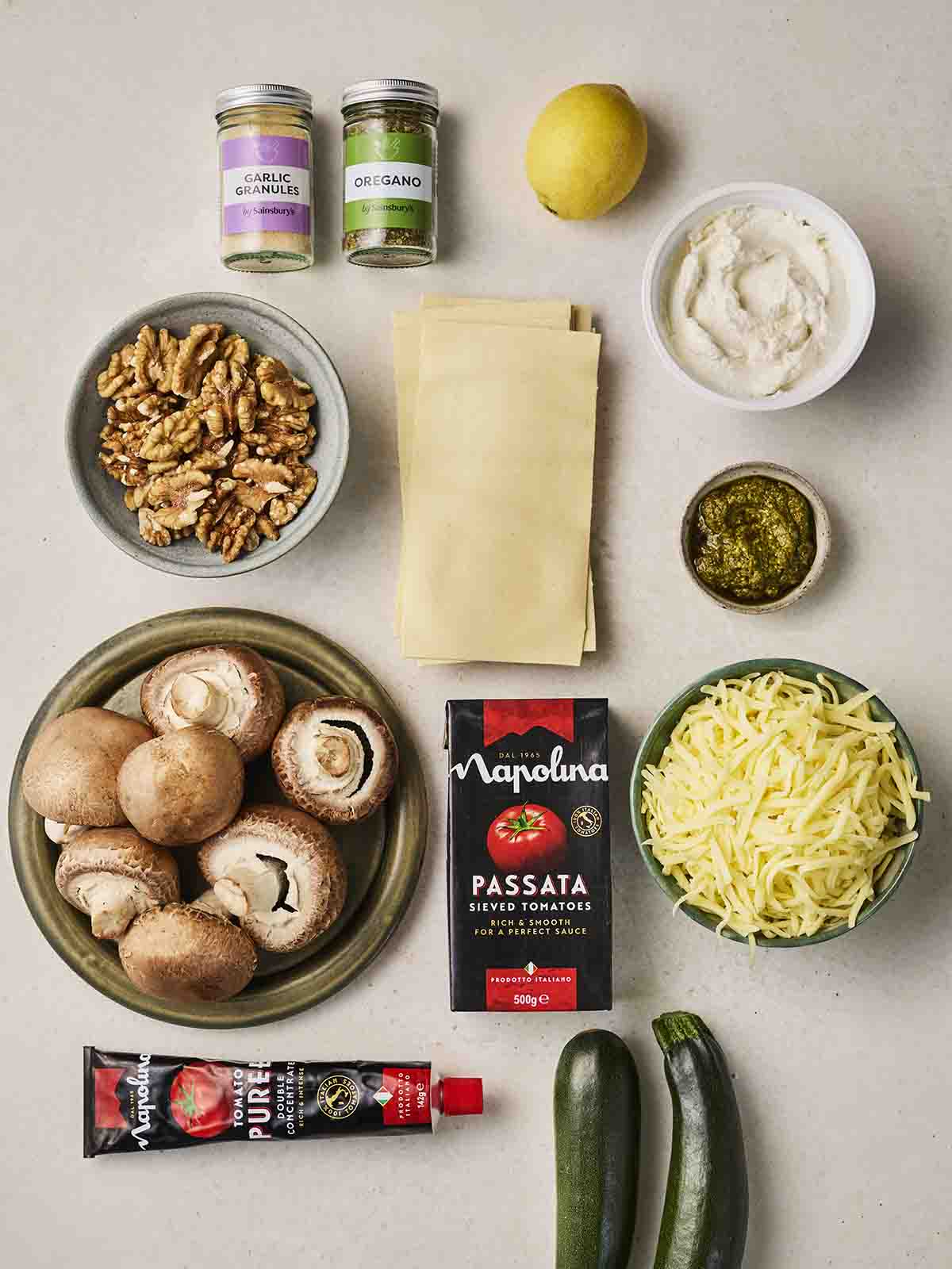The ingredients for making a Vegetarian Lasagne laid out on a counter top.