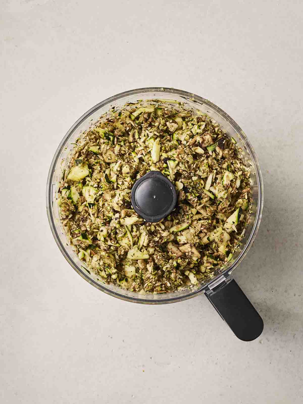 Mushrooms, courgettes and walnuts blended together in a food processor.