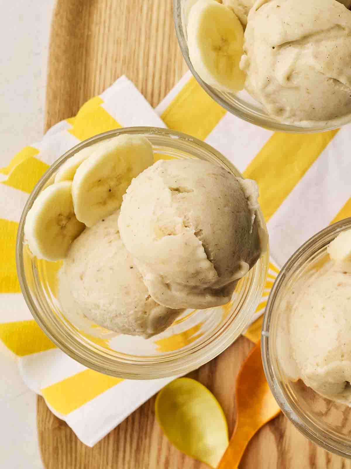 Three bowls filled with frozen healthy ice cream alternative.