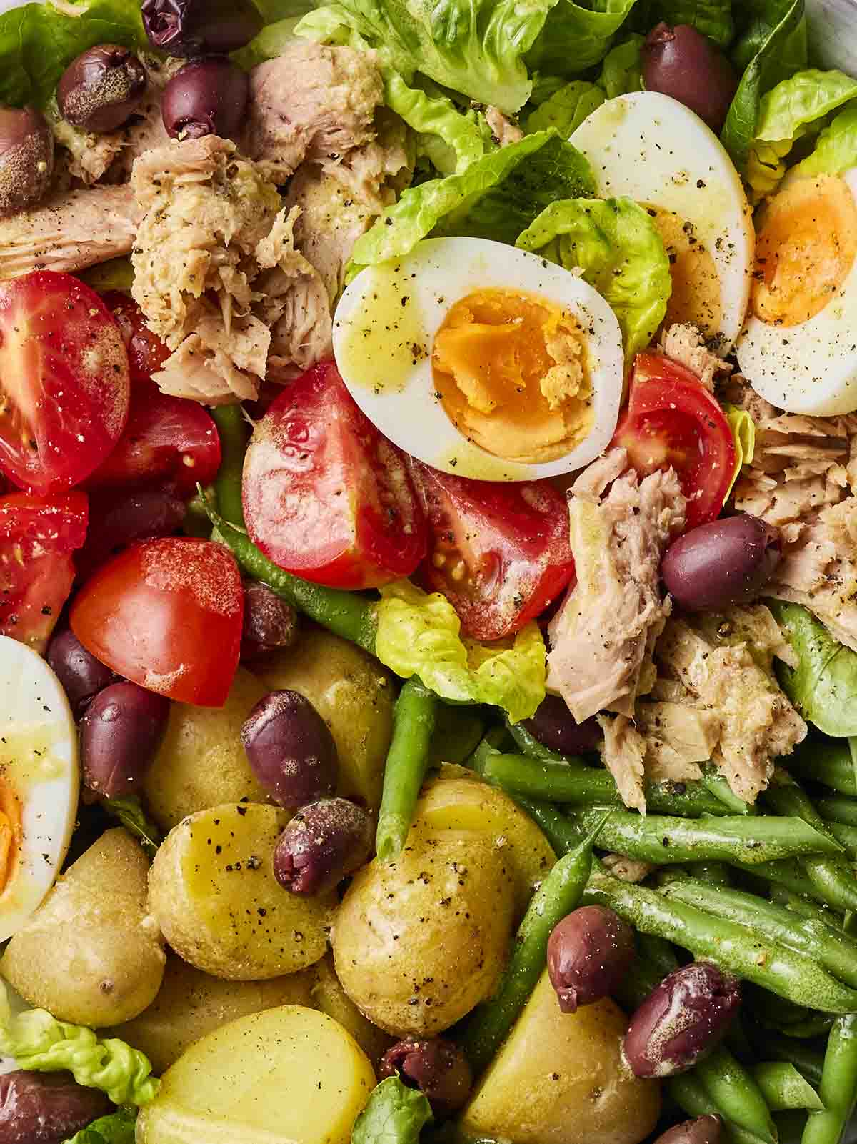A close up of a Salad Nicoise, with egg, potatoes, olives and tuna.