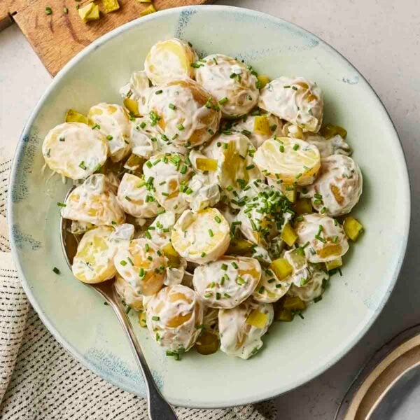 A classic potato salad in a bowl, with sprinkled chives over the top, and a spoon in.