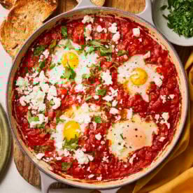 A large pan of Shakshuka, ready to serve.