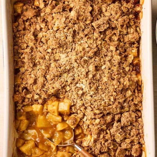 A classic apple crumble, ready to eat.
