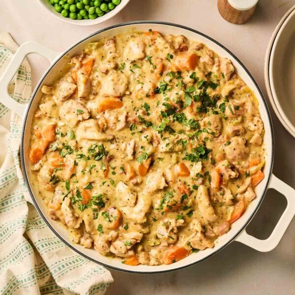A pan filled with Chicken Casserole, on a table ready to serve.