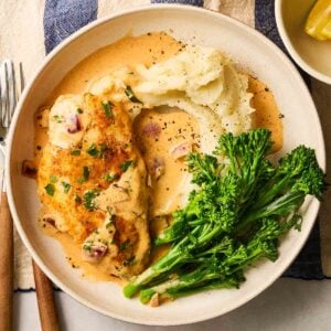 A plate of a simple but classic chicken dinner recipe, paprika chicken.