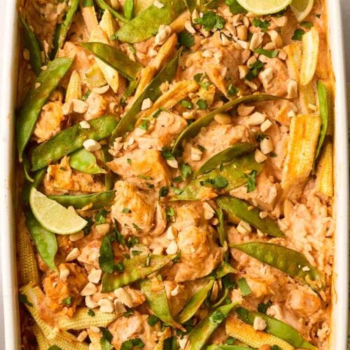 An oven dish filled with one pot Thai Chicken Curry.