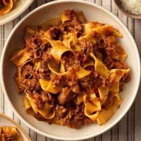 A bowl of Beef Ragu with pasta, ready to eat.