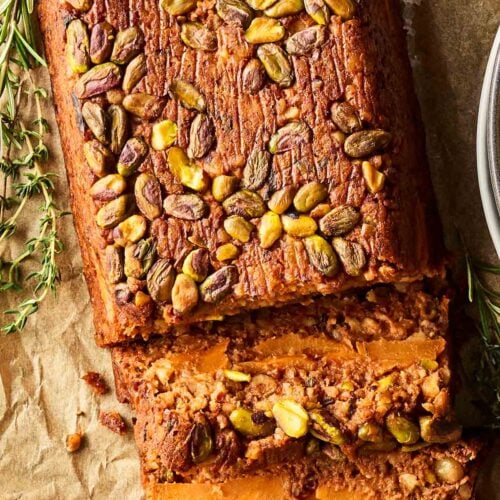 A nut loaf with pistachios from above.