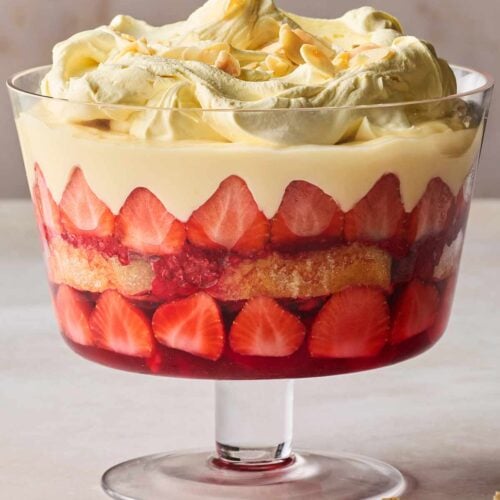 A classic Trifle in a glass bowl, ready to serve.