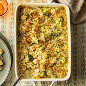 An oven dish with a one pan Chicken Kiev Pasta inside, ready to serve onto plates.