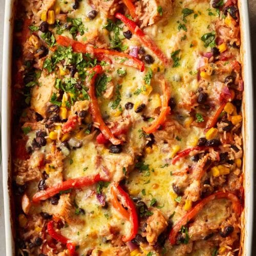 A chicken and rice one pot dinner, ready to serve.