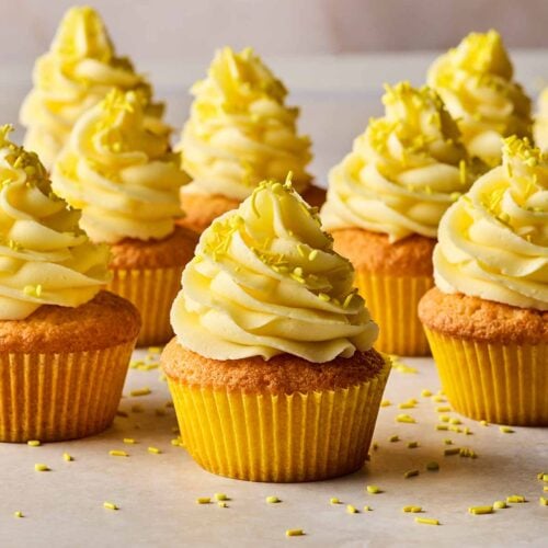 Lemon Cupcakes with buttercream and sprinkles, ready to eat.