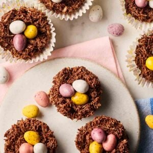 A batch of chocolate Easter Nests with mini eggs.