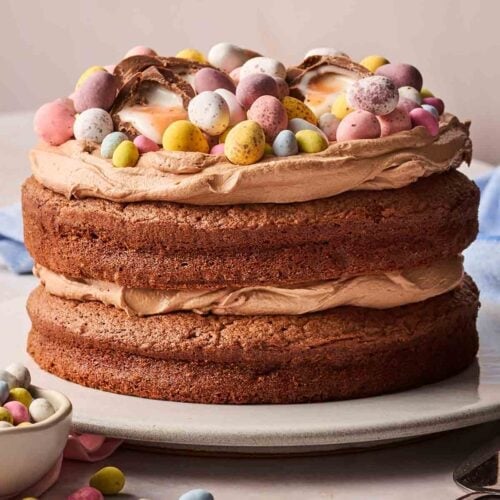 A simple easter chocolate cake on a plate, ready to slice.