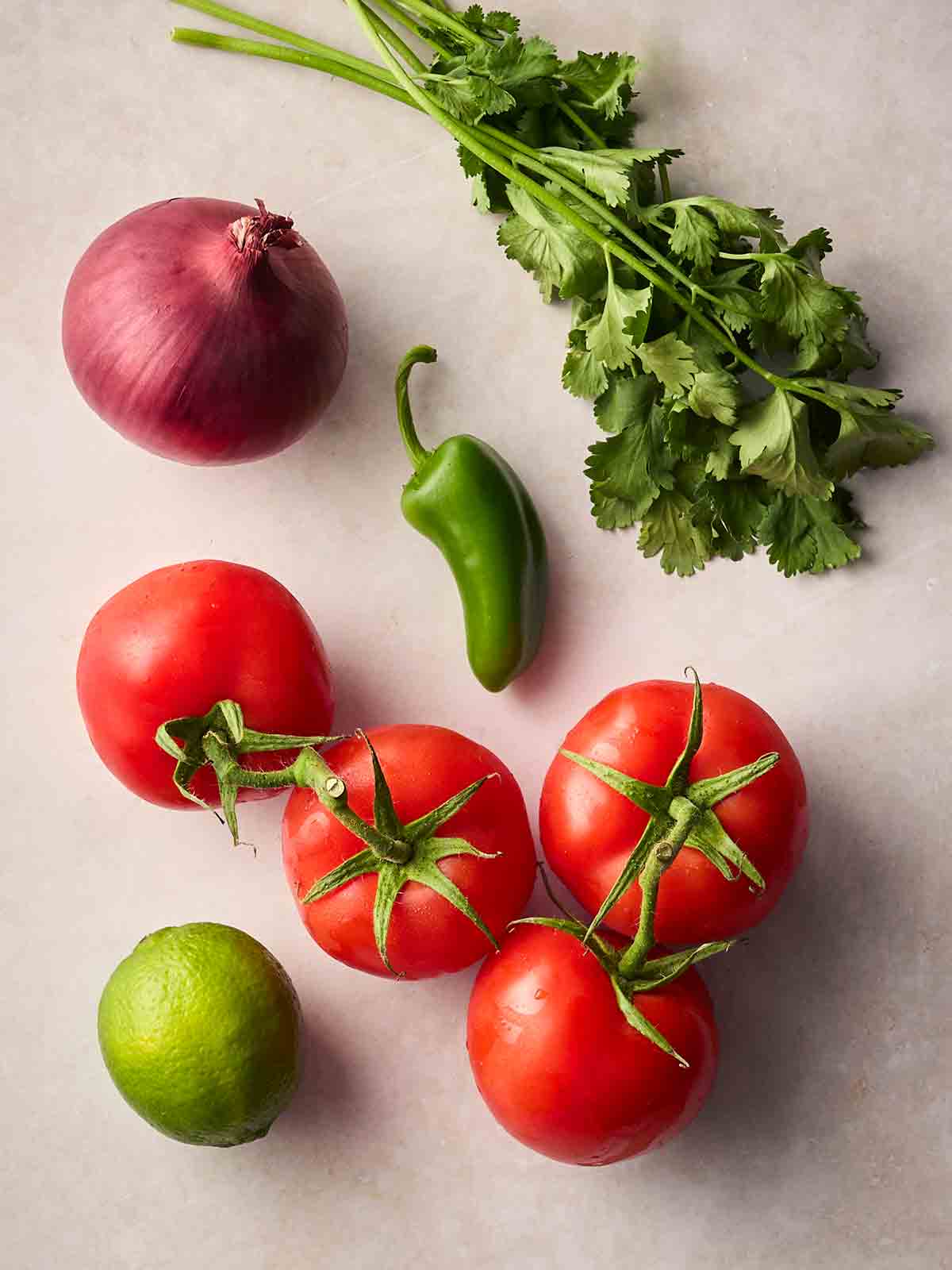 The fresh ingredients for making homemade Salsa laid out on a white counter.